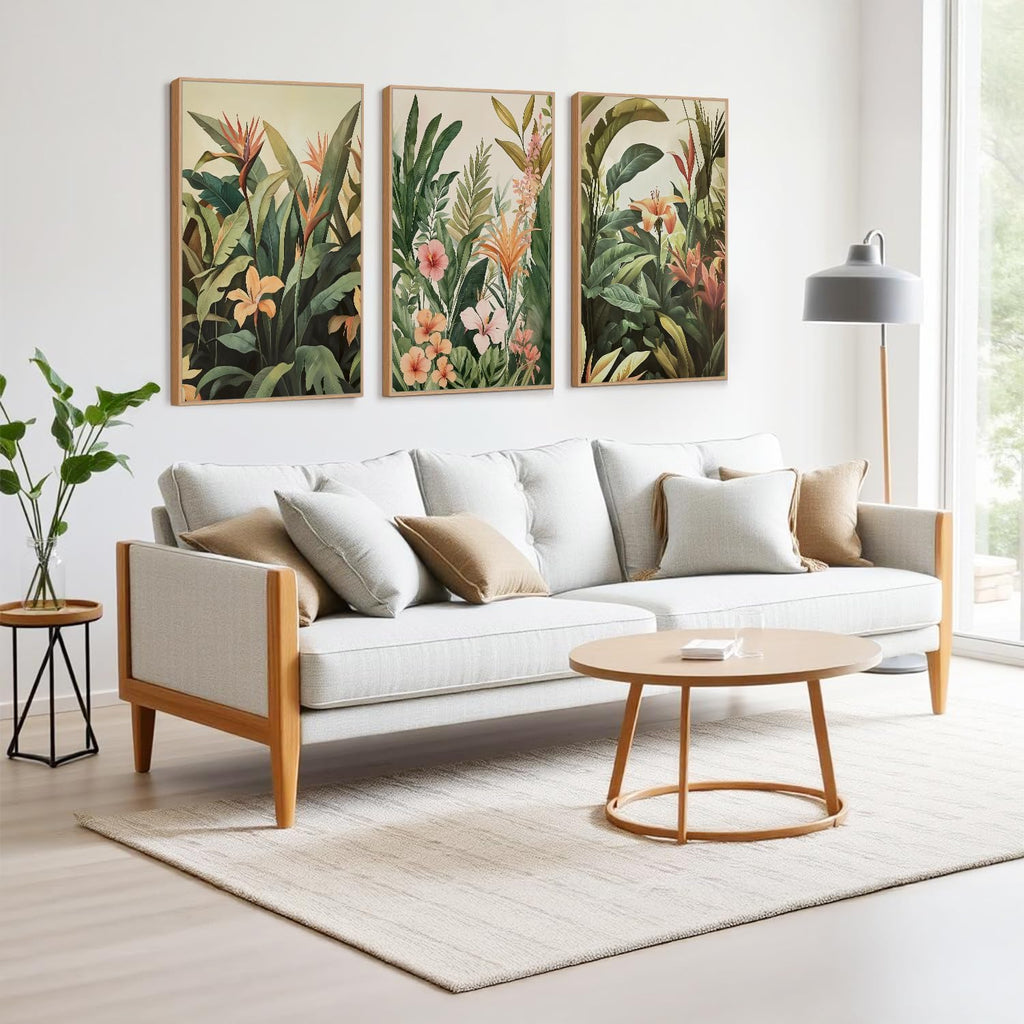 HLNIUC Boho Tropical Leaves Framed Canvas Wall Art,Abstract Flower Wall Decor Set of 3(24'x36')Modern Green Plant Banana Leaf Art Print,Tropical Botanical Jungle Painting for Living Room Bedroom Office