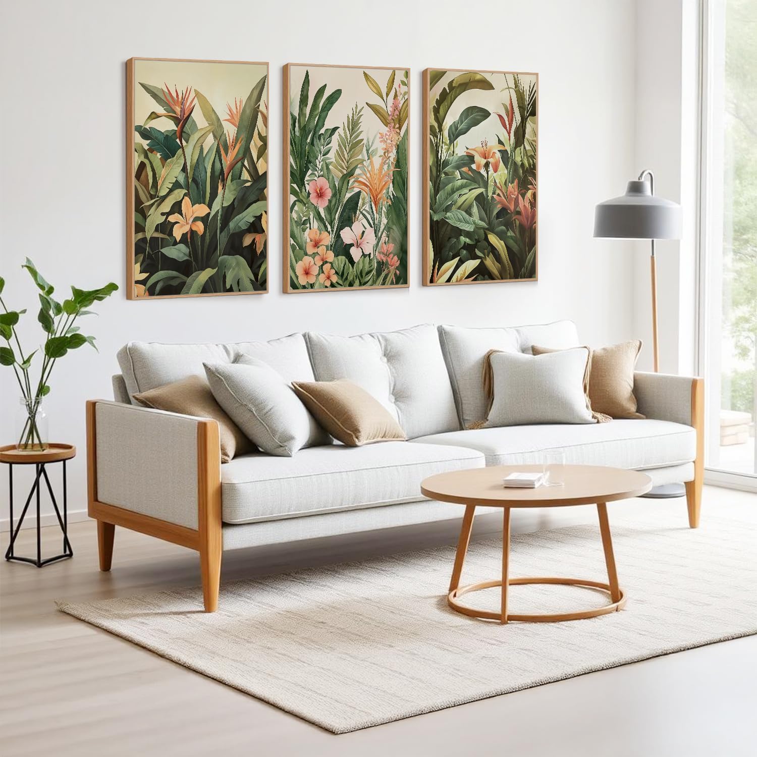 HLNIUC Boho Tropical Leaves Framed Canvas Wall Art,Abstract Flower Wall Decor Set of 3(24'x36')Modern Green Plant Banana Leaf Art Print,Tropical Botanical Jungle Painting for Living Room Bedroom Office
