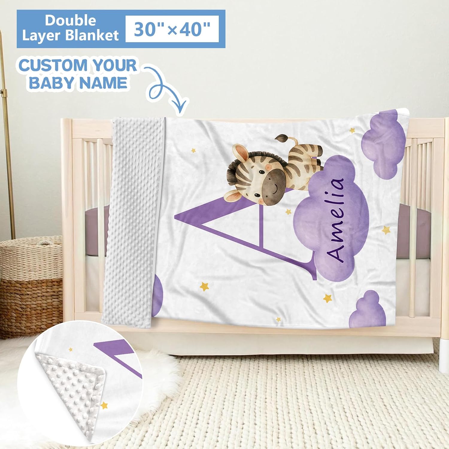 KAINSY Custom Crib Bedding Set, 5 Pcs Personalized Name Monogram Baby Crib Sets for Infants Toddlers, Purple Zebra Nursery Bedding Set for Boys Girls, Double Layer Baby Bedding Sets Customized Gifts