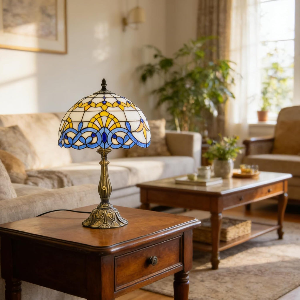 Tiffany Style Table Lamp Vintage Stained Glass Desk Lamp Blue Baroque Bedside Reading Light Decor Bedroom Living Room Home Office D12 xH18