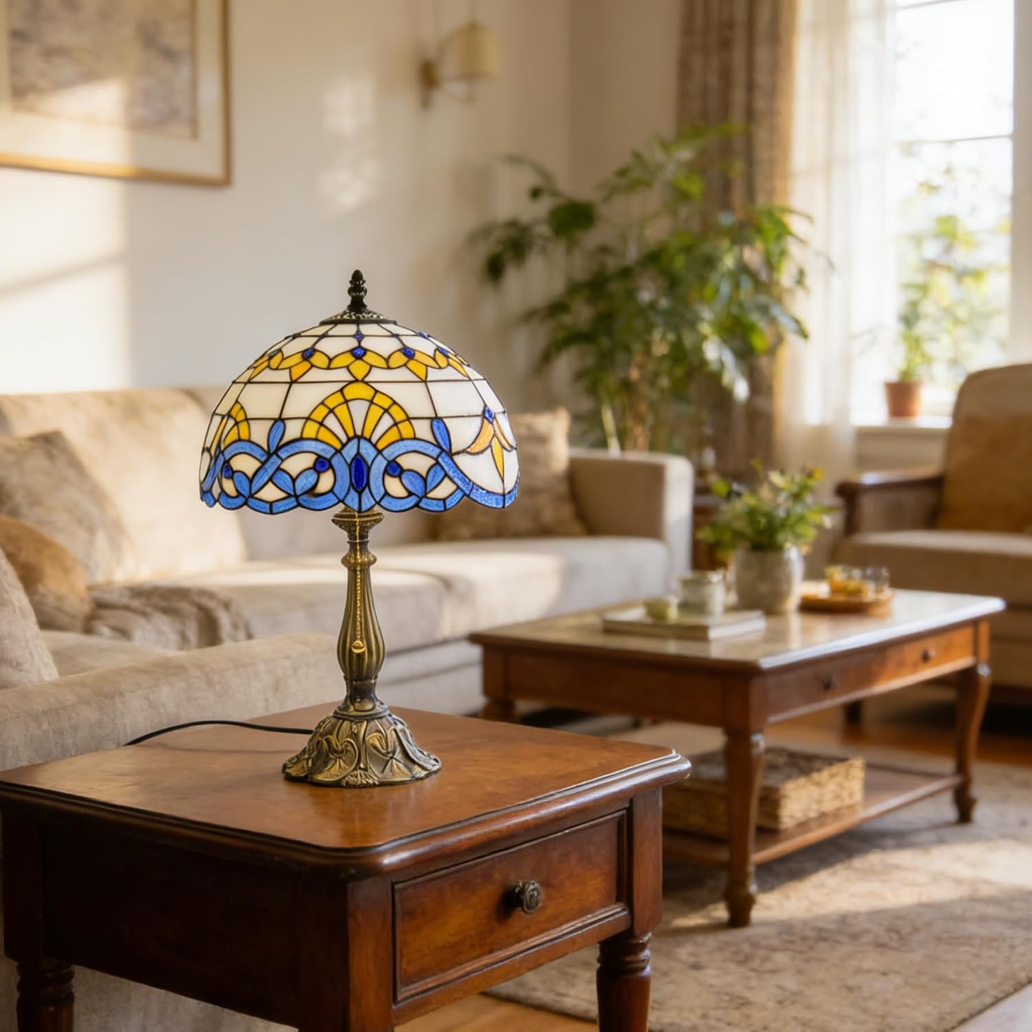 Tiffany Style Table Lamp Vintage Stained Glass Desk Lamp Blue Baroque Bedside Reading Light Decor Bedroom Living Room Home Office D12 xH18