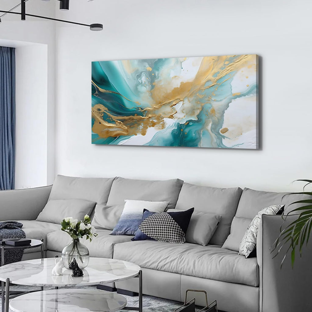 Extra Large Turquoise Wall Art Abstract Teal Wall Decor for Living Room Modern Marble Canvas Picture 30x60', Watercolor Gold Fluid Texture Ink Painting Prints Poster Artwork Bedroom Decorations