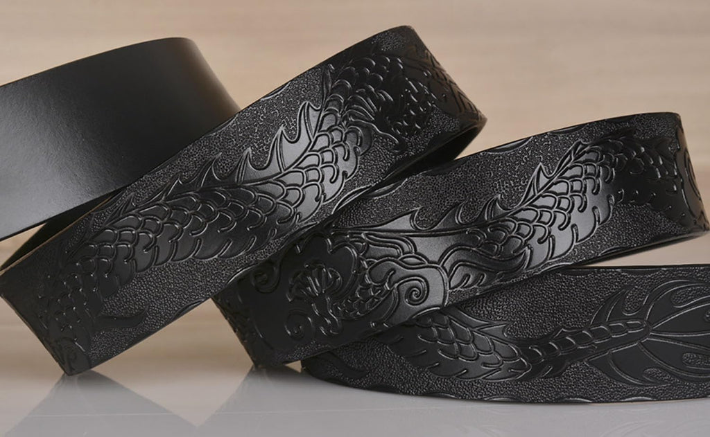Mens Ratchet Leather Belt, Genuine Leather belts, Engraved Vintage Dragon Eagle Tiger Buckle, Business leisure belt