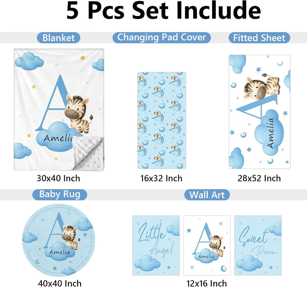 KAINSY Custom Crib Bedding Set, 5 Pcs Personalized Name Monogram Baby Crib Sets for Infants Toddlers, Blue Zebra Nursery Bedding Set for Boys Girls, Double Layer Baby Bedding Sets Customized Gifts