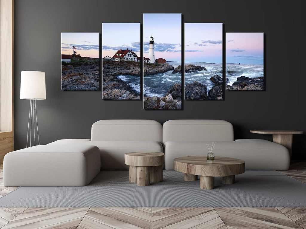 Wieco Art Portland Lighthouse 5 Piece Seascape Canvas Paintings Wall Art Extra Large Modern Ocean Sea Beach Giclee Canvas Prints Artwork Pictures Home Office Decoration for Living Room Bedroom XL
