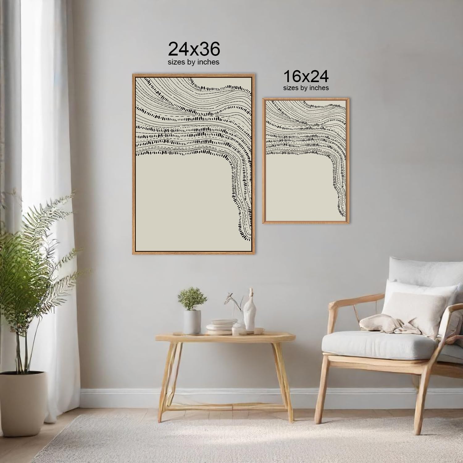 HLNIUC Neutral Abstract Framed Canvas Wall Art Set, Black Beige Wave Line Wall Decor, Large Minimalist Painting, Modern Geometric Art Print for Living Room, Bedroom, Dinning Room, Office - 24'x36'x3