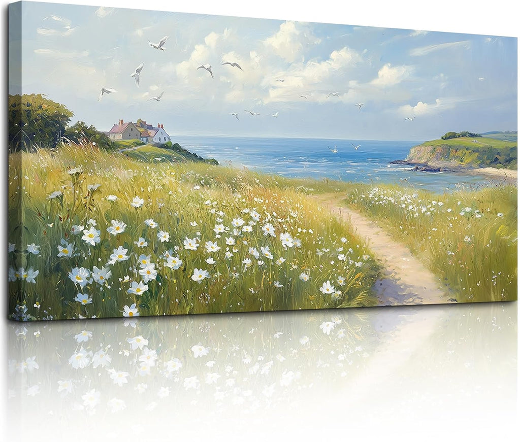 SERIMINO Seaside Nature Large Wall Art, Coastal Landscape Big Canvas Prints, Meadow Wildflowers Pictures Wall Decor, Sunny Scenery Home Decorations for Living Room Bedroom Farmhouse Cottage 29'X57'