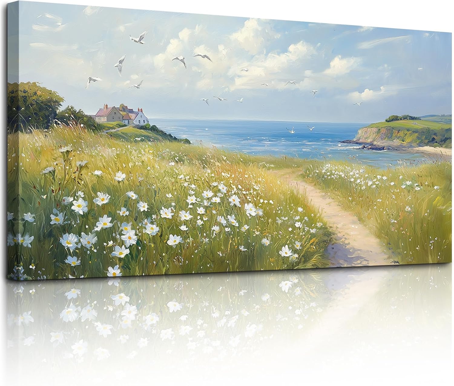 SERIMINO Seaside Nature Large Wall Art, Coastal Landscape Big Canvas Prints, Meadow Wildflowers Pictures Wall Decor, Sunny Scenery Home Decorations for Living Room Bedroom Farmhouse Cottage 29'X57'