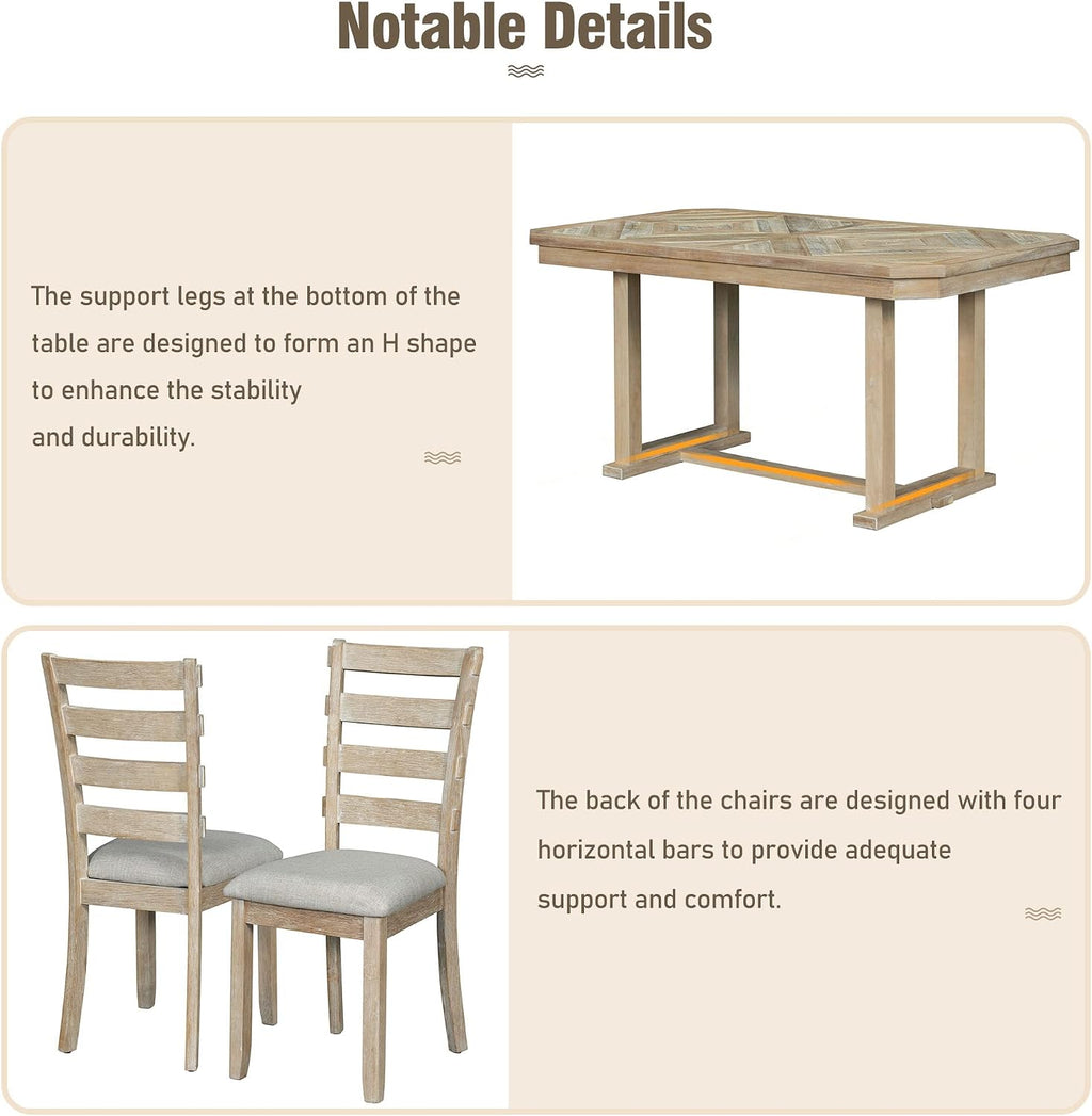 Solid Wood 6-Piece Dining Room Table Set with Beautiful Wood Grain Pattern Tabletop, Rustic Style Kitchen Dining Table Set with 4 Padded Ergonomic Chairs & a Bench (Natural Wash-Grain)