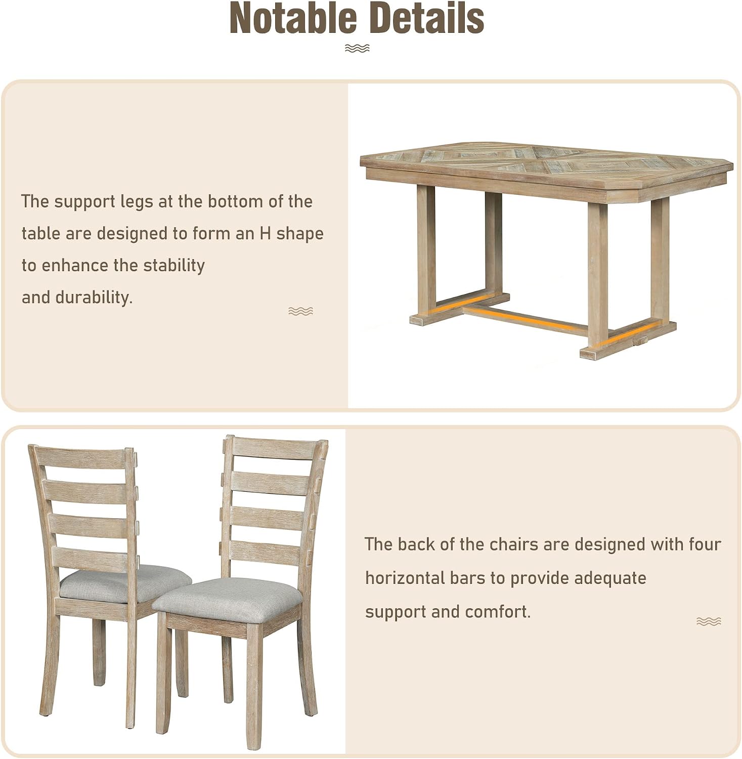 Solid Wood 6-Piece Dining Room Table Set with Beautiful Wood Grain Pattern Tabletop, Rustic Style Kitchen Dining Table Set with 4 Padded Ergonomic Chairs & a Bench (Natural Wash-Grain)