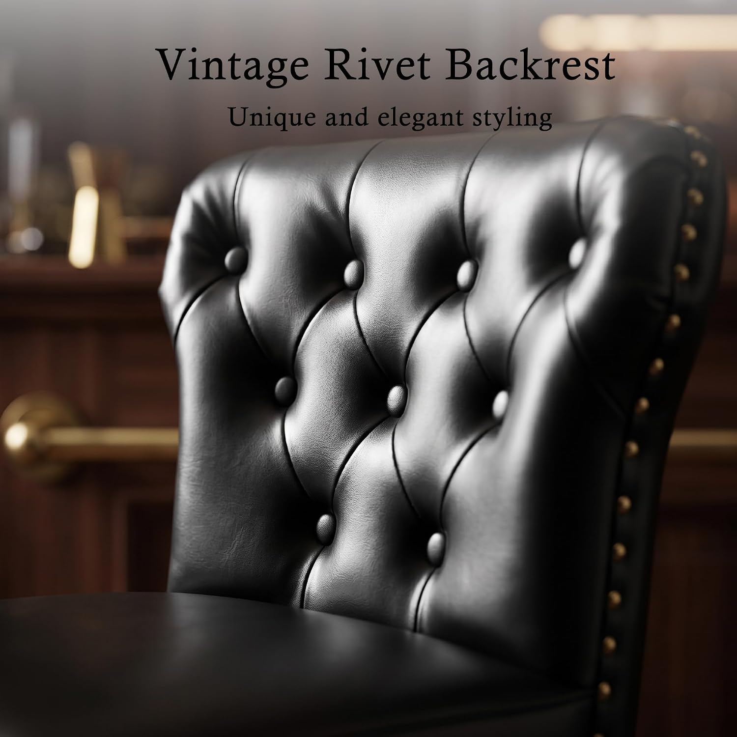 Counter Height Bar Stools Set of 4, Retro Stools for Kitchen, Swivel Bar Stool with Adjustable Metal Base, Rivet Armless PU Leather Barstool with High Back, Thick Wide Seat Cushion(Black)