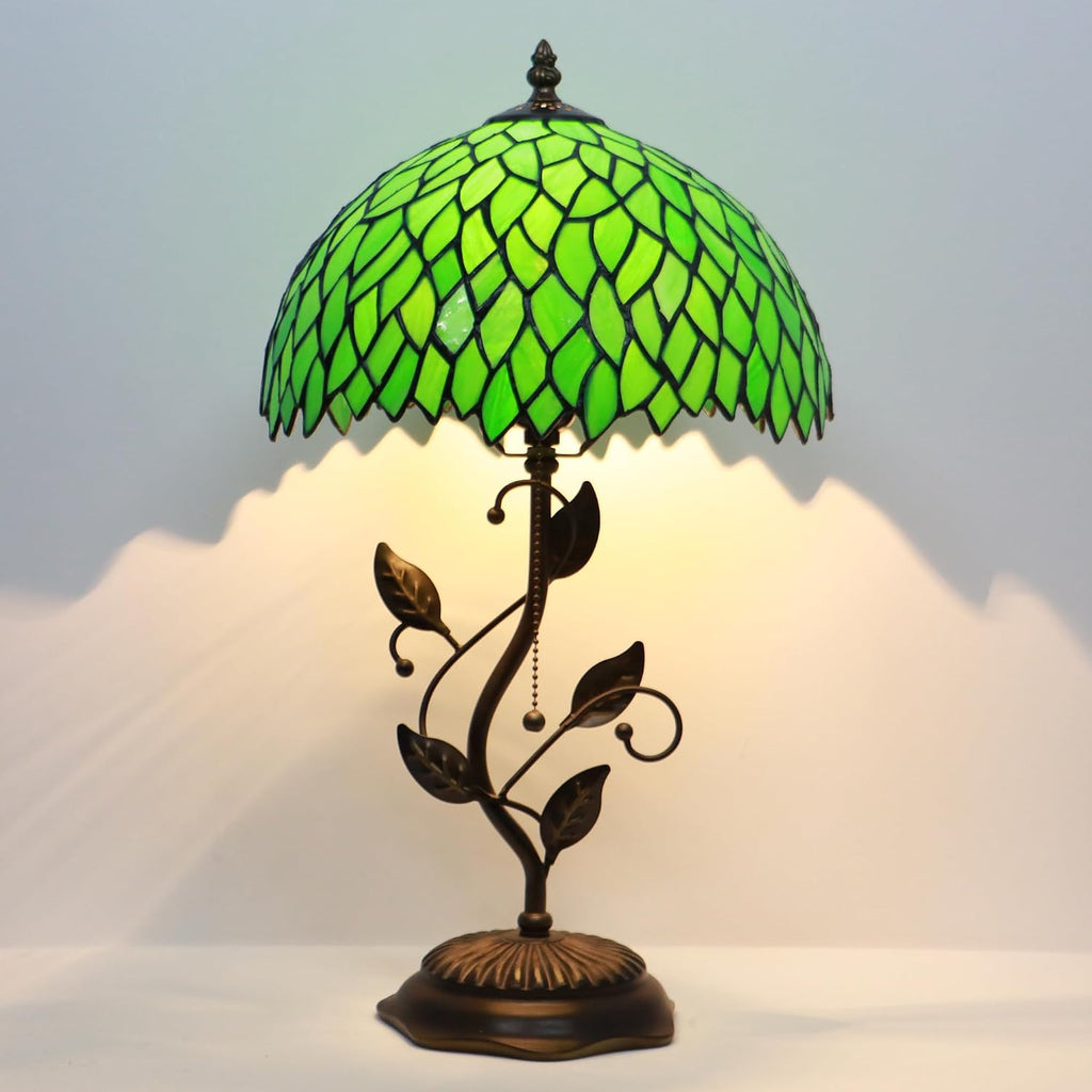 Tiffany Table Lamp, Stained Glass Desk Light, W12H19 Inch, Metal Leaf Base (Green Wisteria)