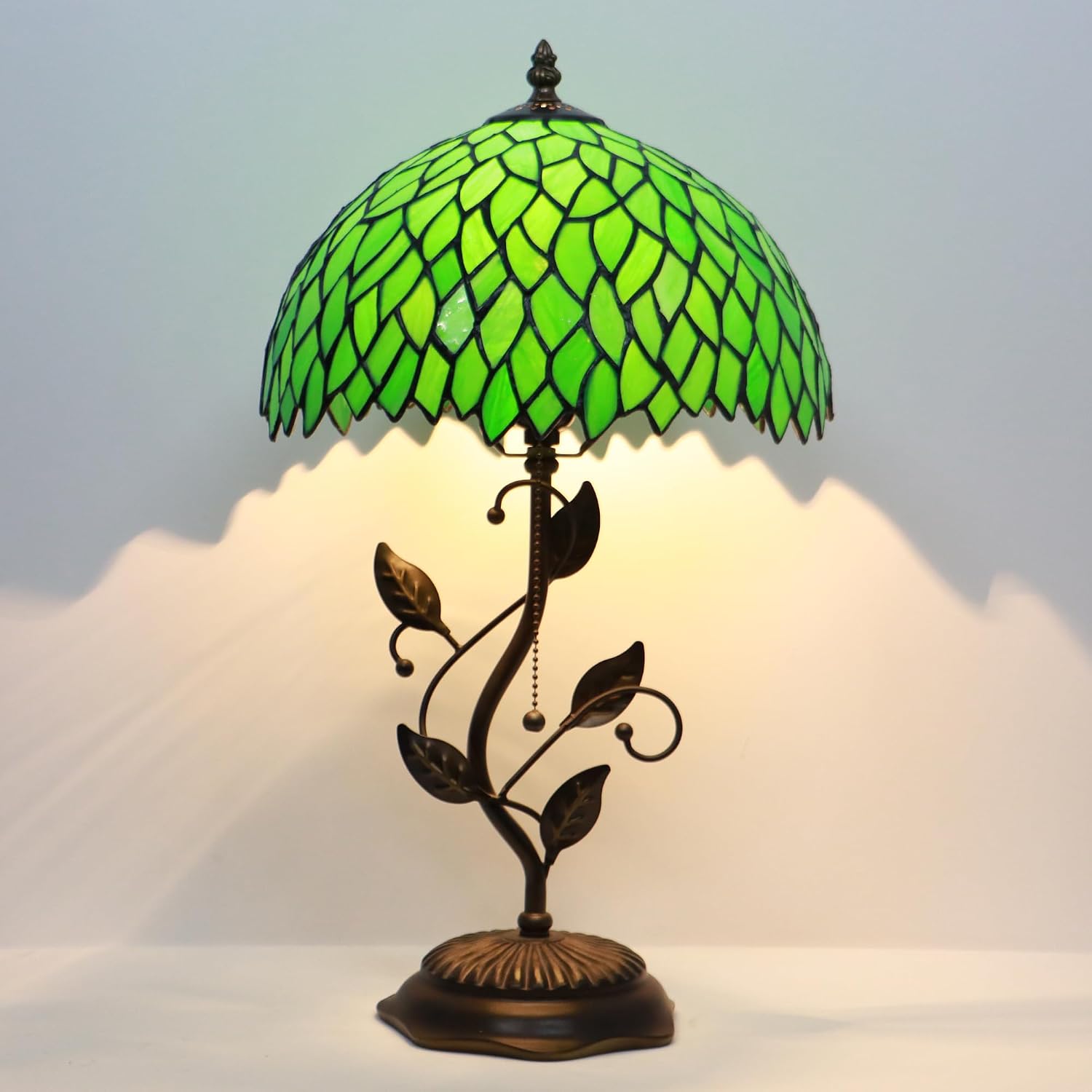 Tiffany Table Lamp, Stained Glass Desk Light, W12H19 Inch, Metal Leaf Base (Green Wisteria)