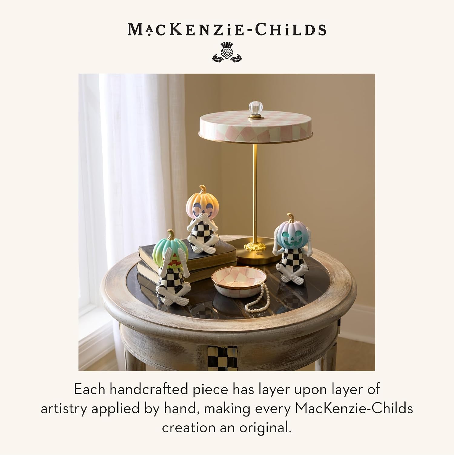 MACKENZIE-CHILDS LED Rechargeable Disk Table Lamp, Cordless Touch Lamp, Pink-and-White Rosy Check