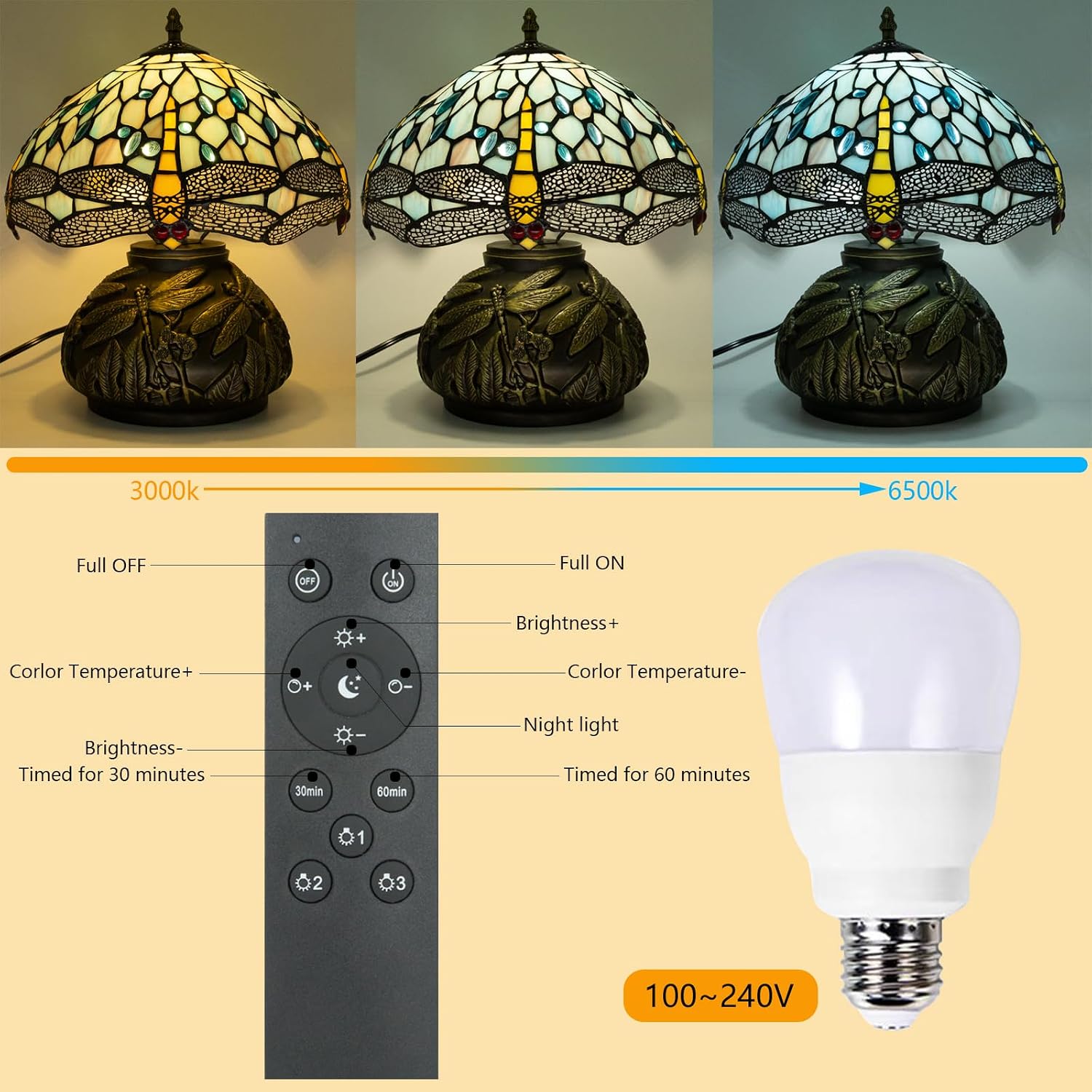 12 Inch Dragonfly Tiffany Lamp with Remote Control, Adjustable Brightness and Color Temperature, E26 Bulb, 9W, Ocean Blue Dragonfly Mushroom Stained Glass Bedside Lamp