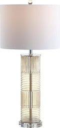 JONATHAN Y 30' Champagne Glass and Crystal Table Lamp, Contemporary Transitional Pillar Lamp for Living Room Bedroom, White Faux Silk Drum Shade, LED Bulb Included JYL2064A