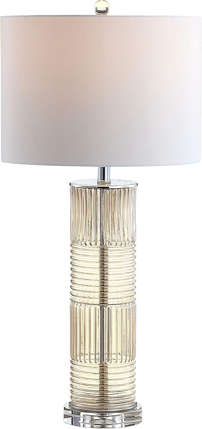 JONATHAN Y 30' Champagne Glass and Crystal Table Lamp, Contemporary Transitional Pillar Lamp for Living Room Bedroom, White Faux Silk Drum Shade, LED Bulb Included JYL2064A