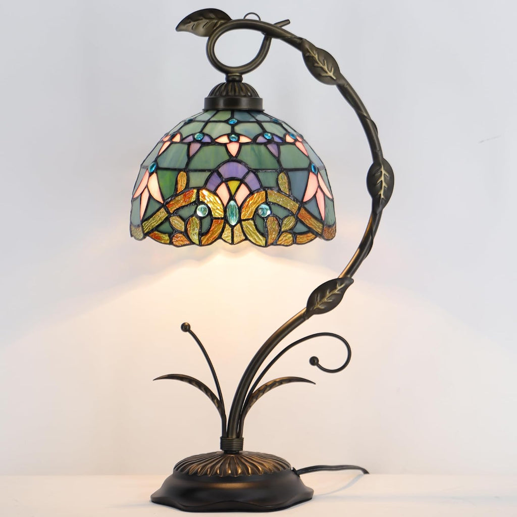 Tiffany Lamp Stained Glass Table Lamp Metal Leaf Base 8X10X19 Inch Reading Desk Light (Baroque Style)