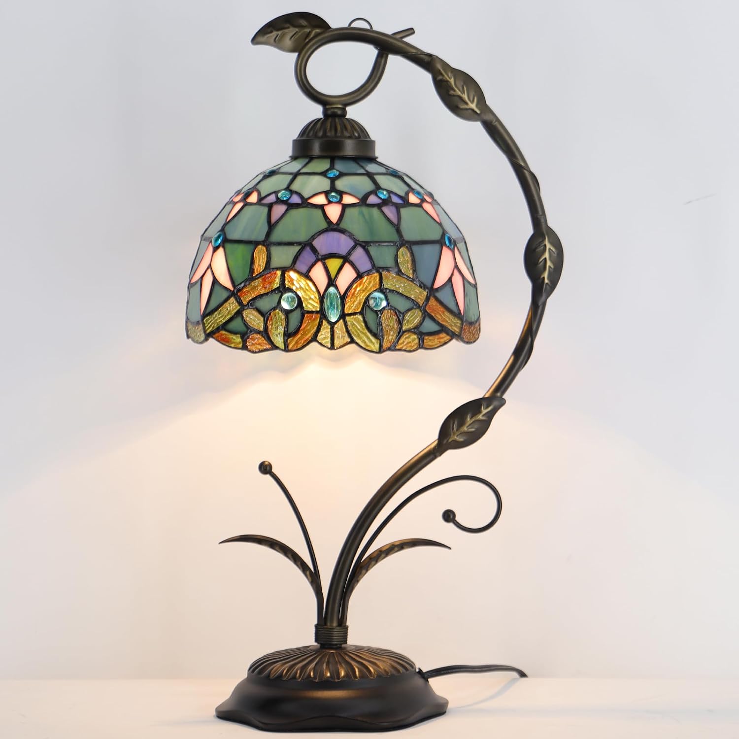 Tiffany Lamp Stained Glass Table Lamp Metal Leaf Base 8X10X19 Inch Reading Desk Light (Baroque Style)