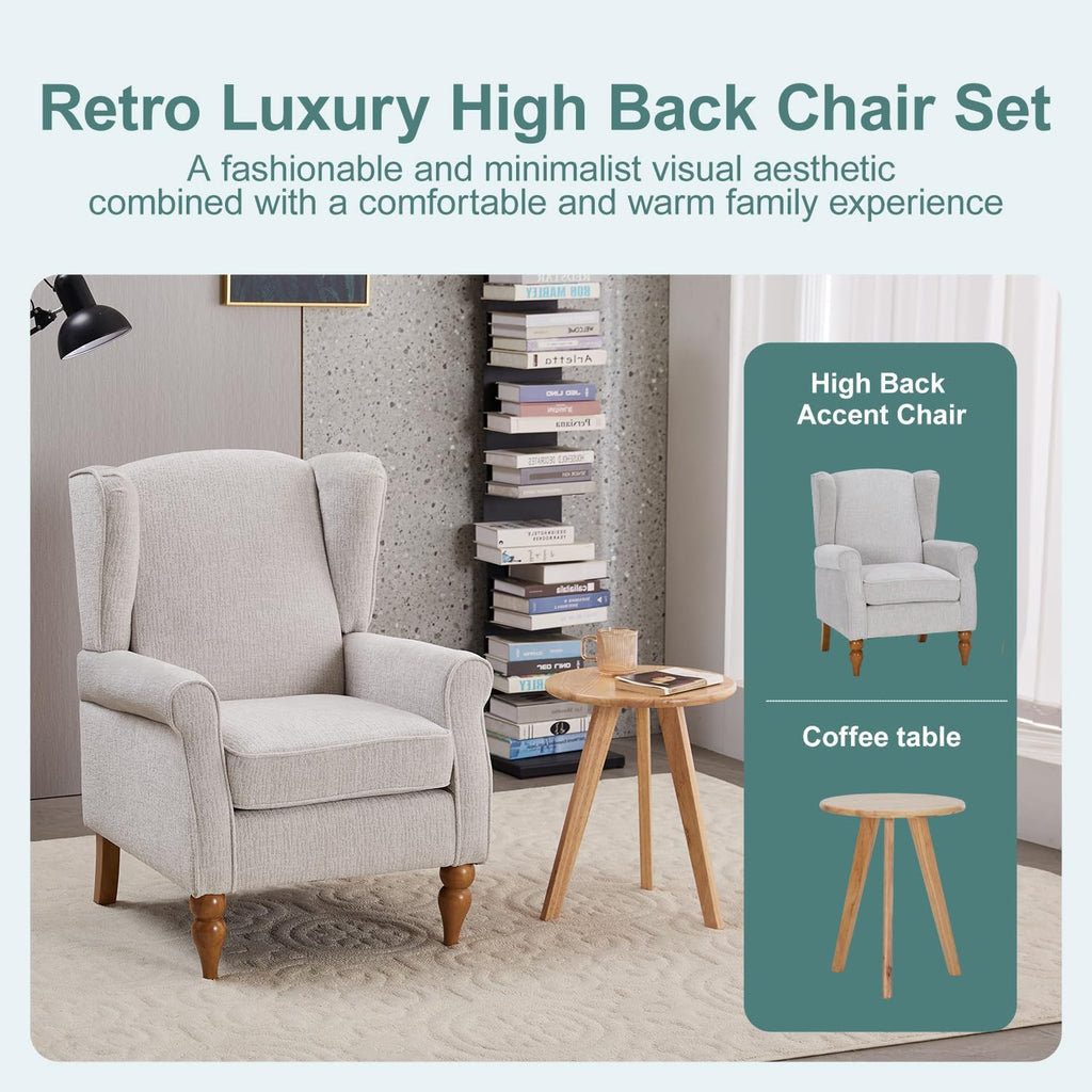 Mid-Century High Wingback Chair,Modern Fabric Accent Chair Armchair with Solid Wood Coffee Table Set,Leisure Single Sofa Chair for Living Room,Club,Home Reception,Beige