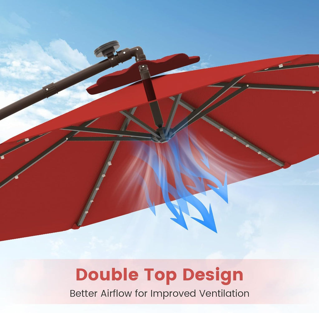 Tangkula 10FT Offset Patio Umbrella with Base Included, Outdoor Cantilever Umbrella with 40 Solar LED Lights, Tilt Adjustment, Crank Handle, Vented Top, Sand Bags for Pool Yard Deck (Burgundy)