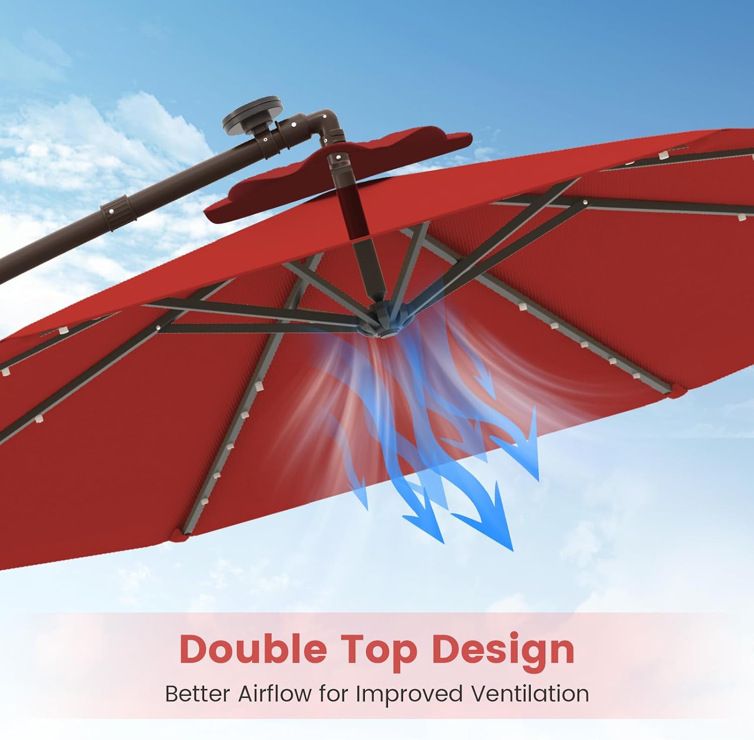 Tangkula 10FT Offset Patio Umbrella with Base Included, Outdoor Cantilever Umbrella with 40 Solar LED Lights, Tilt Adjustment, Crank Handle, Vented Top, Sand Bags for Pool Yard Deck (Burgundy)
