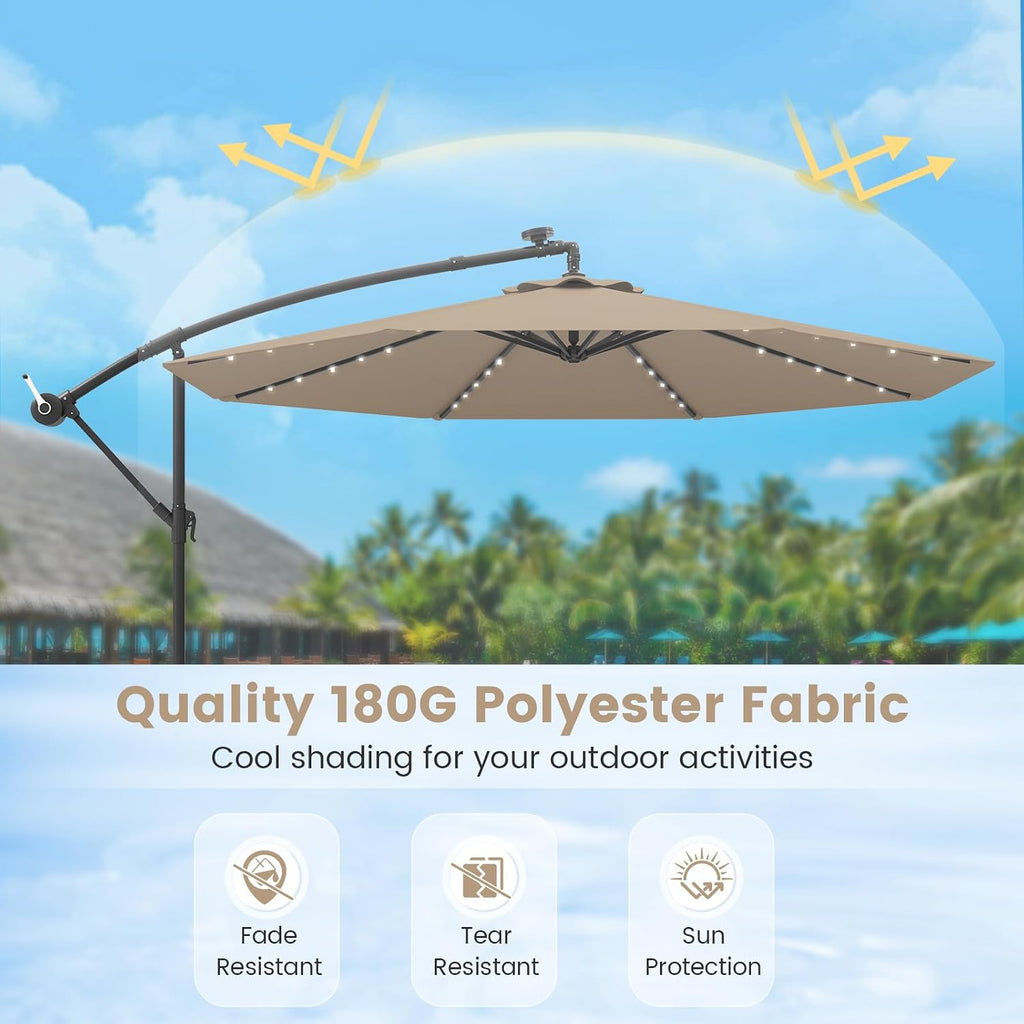 Tangkula 10FT Offset Patio Umbrella with Base Included, Outdoor Cantilever Umbrella with 40 Solar LED Lights, Tilt Adjustment, Crank Handle, Vented Top, Sand Bags for Pool Yard Deck (Tan)