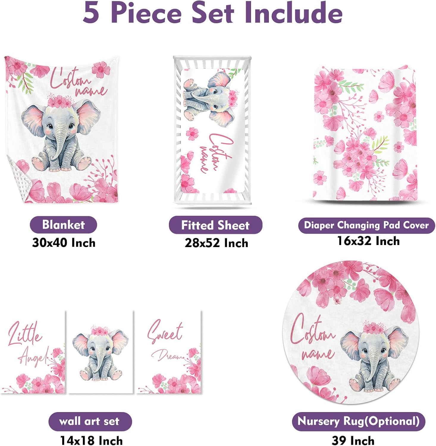 TOOTANN Custom Baby Crib Bedding Set, 5 Pcs Personalized Name Baby Crib Sheets for Kid Toddler Infant, Little Elephant with Red Flowers Nursery Bedding Set
