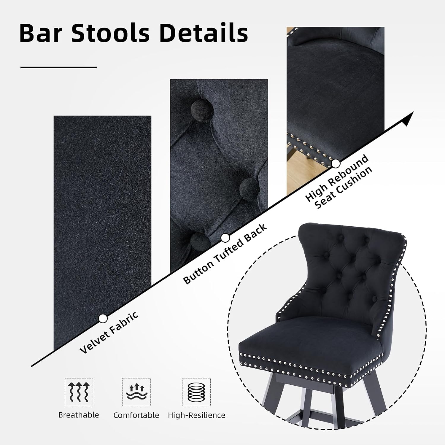 Black Bar Stools Set of 2, Modern Swivel Velvet Counter Height Barstools, Upholstered Kitchen Island Chairs with Button Tufted Back, Rivet Trim, Solid Wood Legs, 26' H Seat, Black