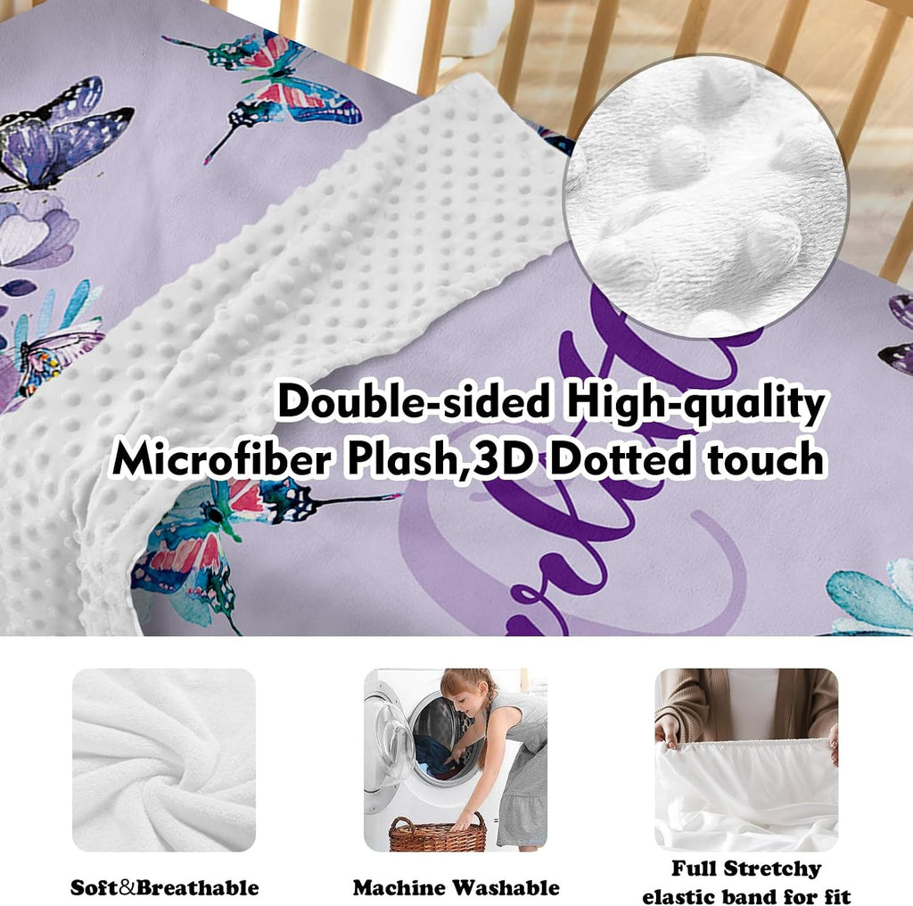 TOOTANN Custom Baby Crib Bedding Set, 5 Pcs Personalized Name Baby Crib Sheets for Kid Toddler Infant, Light Purple Background with Butterflies Nursery Bedding Set