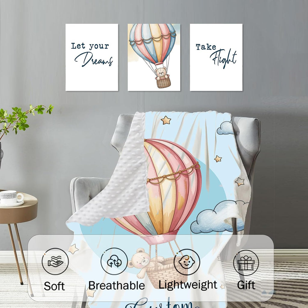 Personalized Crib Bedding Set for Baby Boys Girls, Custom Name Baby Crib Sets 5-Pcs - Toddler Double Layer Blanket Fitted Sheet Changing Pad Cover Rug Wall Art Set, Hot Air Balloon Theme Nursery Décor