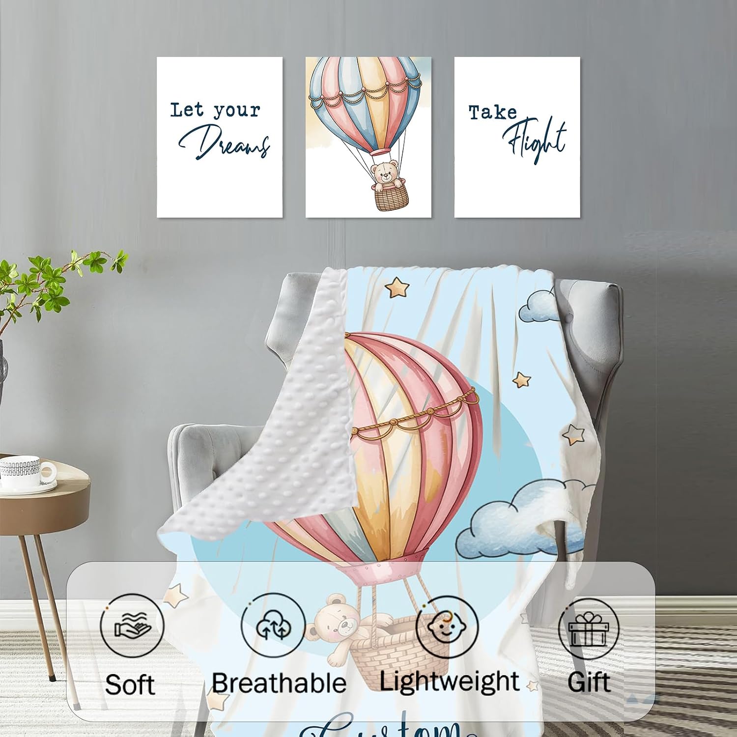 Personalized Crib Bedding Set for Baby Boys Girls, Custom Name Baby Crib Sets 5-Pcs - Toddler Double Layer Blanket Fitted Sheet Changing Pad Cover Rug Wall Art Set, Hot Air Balloon Theme Nursery Décor