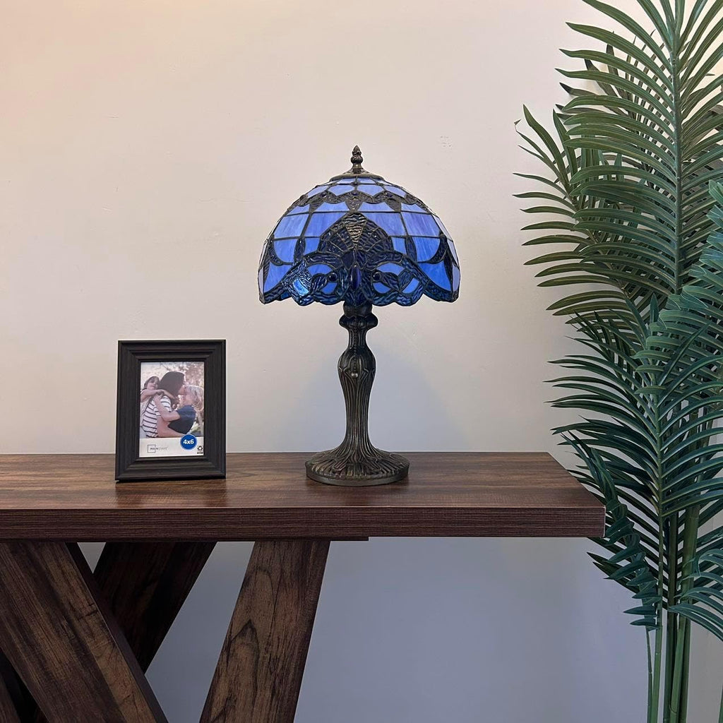 Stained Glass Table Lamp Blue Baroque Style LED Bulb Included for Living Room Bedroom Bedside 12' W*12' D*19' H