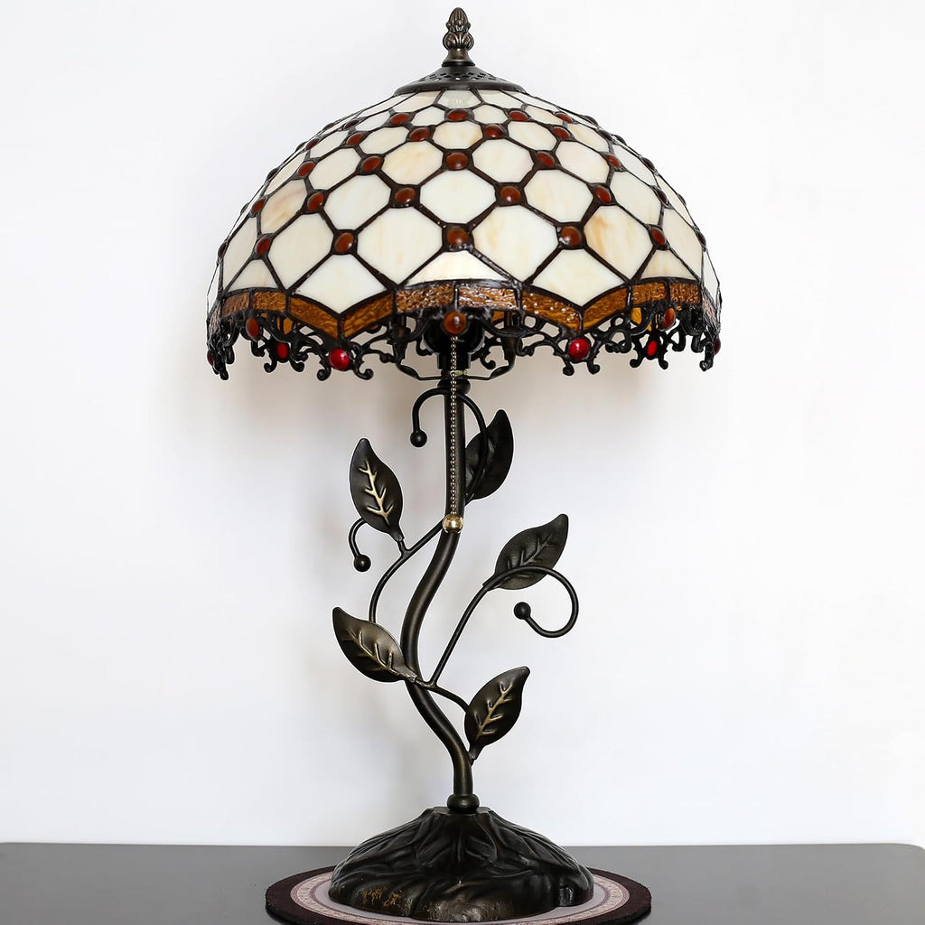 Tiffany Lamp Stained Glass Style Table Lamp Beads Style Bedside Desk Reading Light W12H19 Inch Metal Leaf Base with Metal Leaf Base