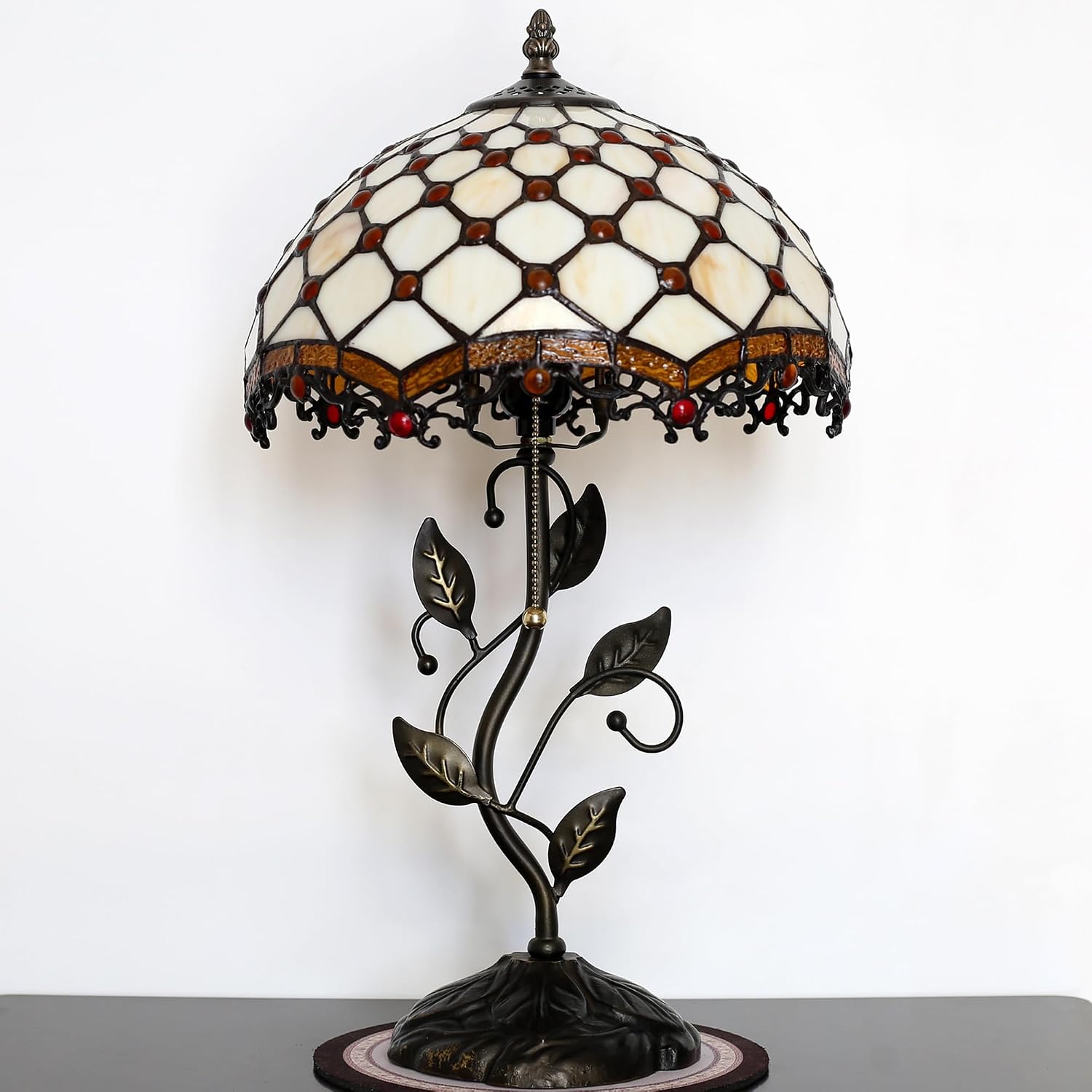 Tiffany Lamp Stained Glass Style Table Lamp Beads Style Bedside Desk Reading Light W12H19 Inch Metal Leaf Base with Metal Leaf Base