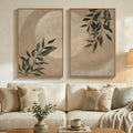 Large Framed Botanical Moon Wall Art for Living Room, Vintage Neutral Nature Canvas Painting Prints Set of 2, Rustic Farmhouse Minimalist Leaf Wall Decor for Bedroom Dining room Hallway, 24x36 Inch