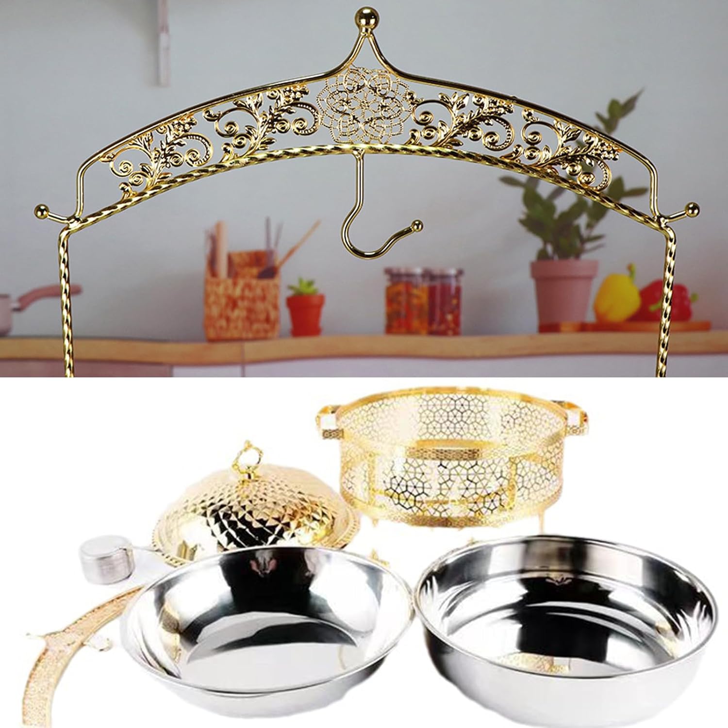 IESUTA Stainless Steel Buffet Tray Set - Round Hanging Lid Meal Stove Buffet Equipment, with Hanging Lid Self Food Warmer, Includes Food Tray, Water Tray, Fuel Rack(Size:4.5L,Color:Gold)