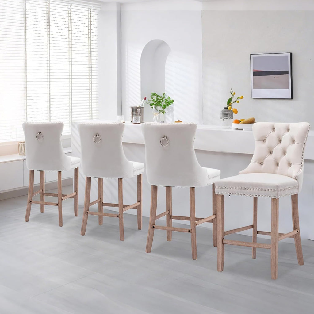 Elegant Velvet Bar Stools Set of 2,Delicate Upholstered Counter Height Barstool with Backrest,Wooden Legs Design for Kitchen Islands & Pubs（ Beige ）