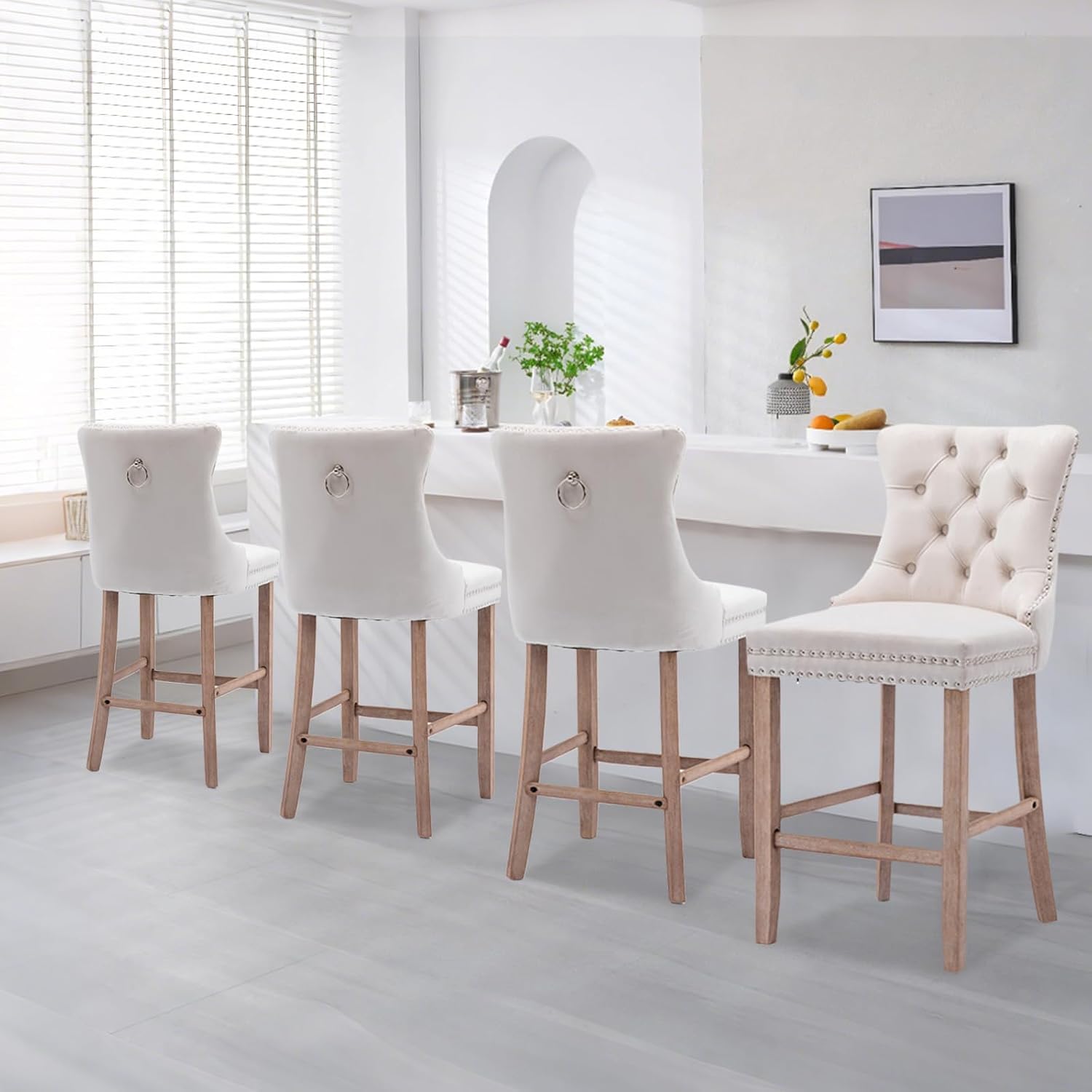 Elegant Velvet Bar Stools Set of 2,Delicate Upholstered Counter Height Barstool with Backrest,Wooden Legs Design for Kitchen Islands & Pubs（ Beige ）