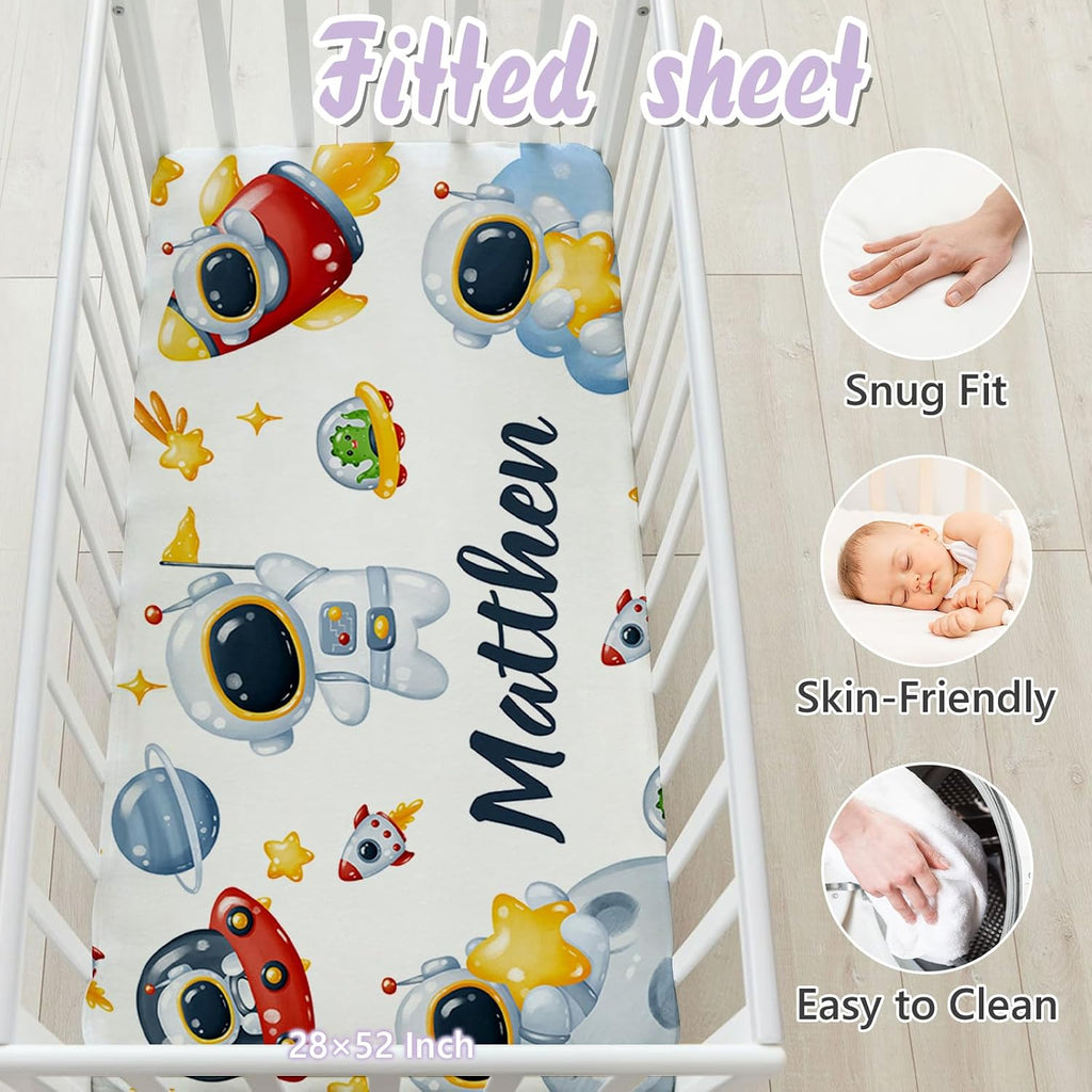 Custom Baby Crib Bedding Set, 5 PCS Personalized Name Baby Crib Sets for Girls Boys, Spaceman Theme Nursery Bedding Sets for Infant Toddler, Double Layer Flannel Bed Set Customized Gifts
