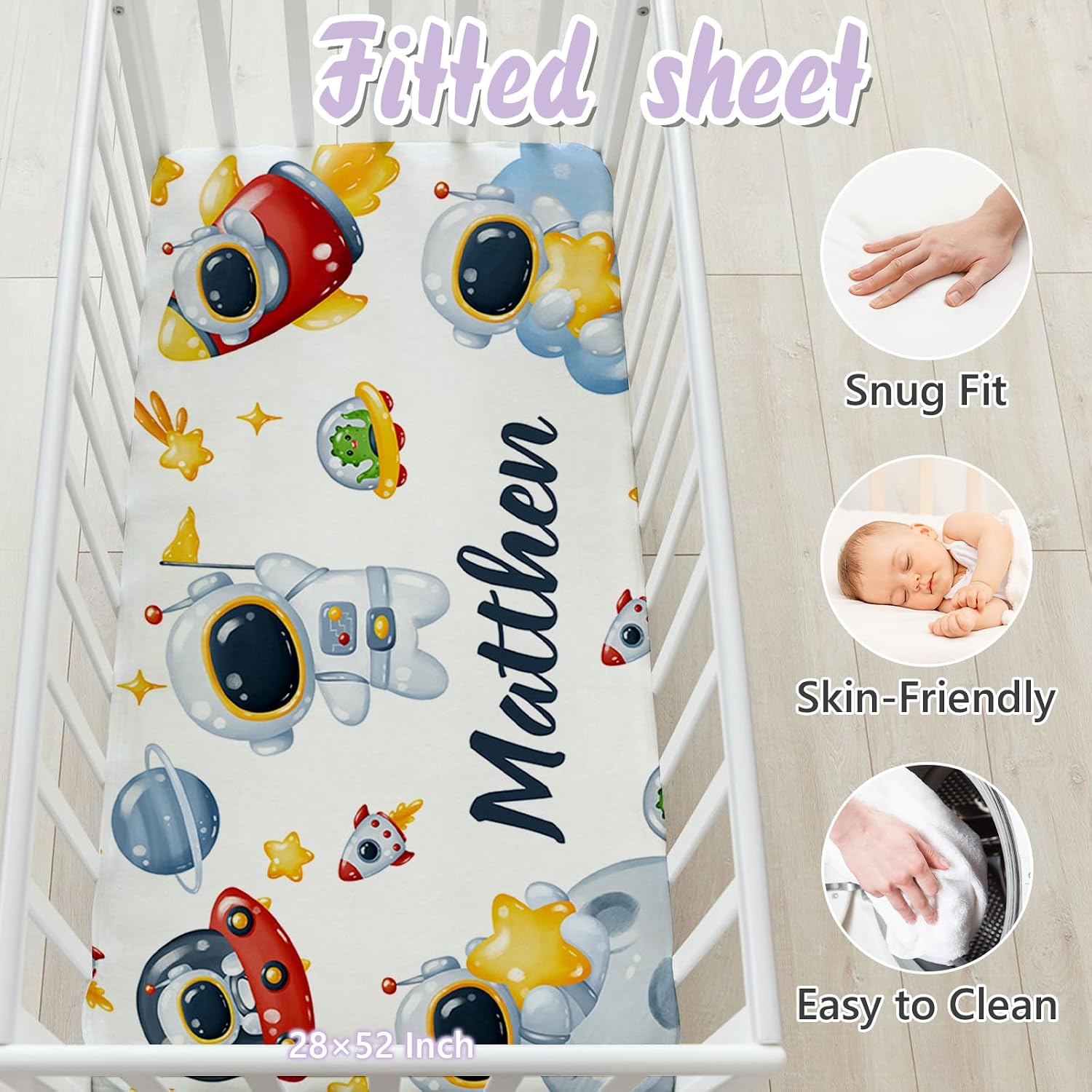 Custom Baby Crib Bedding Set, 5 PCS Personalized Name Baby Crib Sets for Girls Boys, Spaceman Theme Nursery Bedding Sets for Infant Toddler, Double Layer Flannel Bed Set Customized Gifts