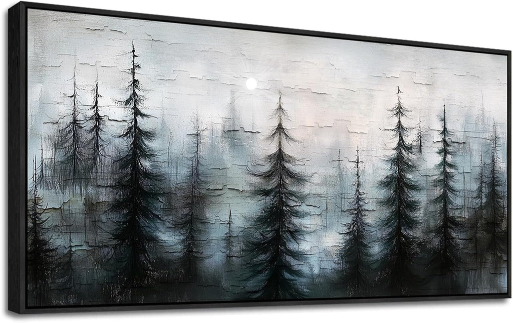 XIGUANGART Misty Forest Canvas Wall Art Nature Landscape Pictures Farmhouse Abstract Tree Watercolour Painting Wall Decor Living Room, Bedroom Home Office Decorations Artwork Black Framed Large 60x30