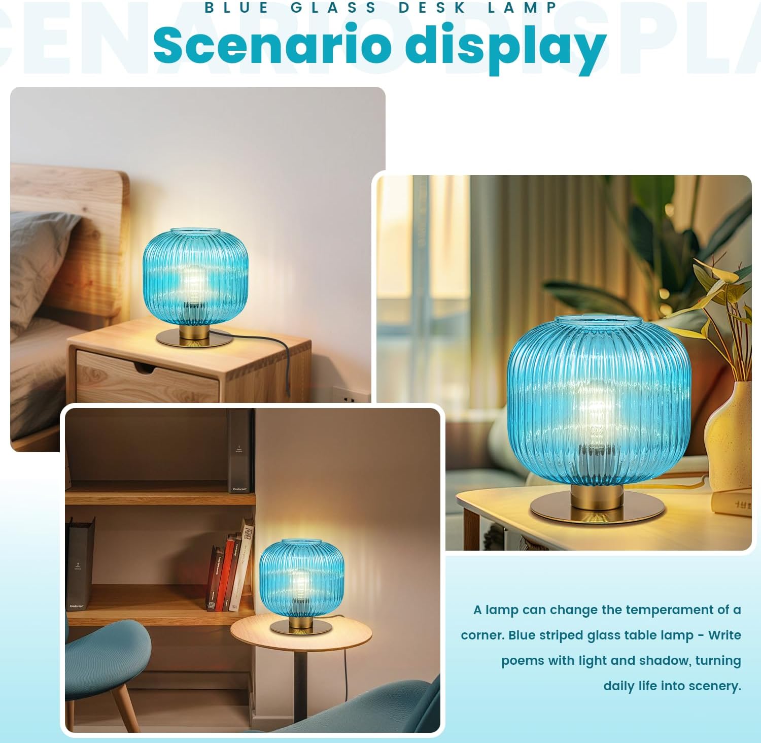 Blue Table Lamps for Bedroom Set of 2, Small Glass Table Lamp Plug in with On/Off Switch, Mid Century Modern Globe Bedside Lamp Coastal Lamps for Bedrooms Living Room Study Room
