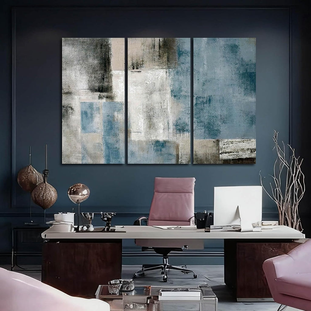 SDYA Blue Abstract Wall Art Set Of 3 Canvas,20x40 Inch Modern Blue Grey Minimalist Painting, Contemporary Wall Decor for Living Room Bedroom Office