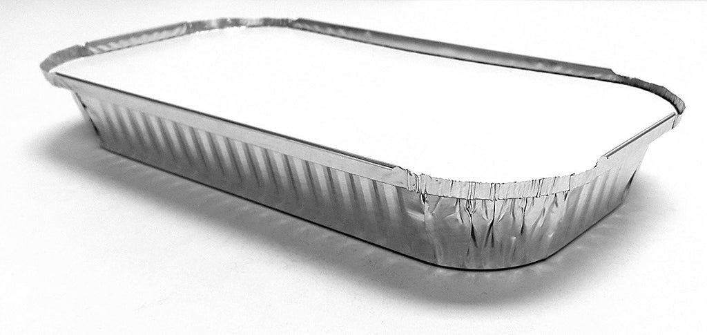 PACTOGO 3 lb. Oblong Aluminum Foil Entrée Take-Out Pan with Board Lid Disposable Containers 12.37' x 6.57' x 1.43' (Pack of 100 Sets)