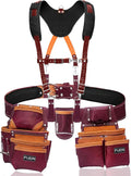 FUERI Leather Tool Belts with Suspender for Men, Heavy-Duty Durable Carpenter Tool Rig Organizer With 19 Pockets-2 Pouches, Padded Suspender, Hammer Holder, D-Loops & Foam-Padded Belt Electricians