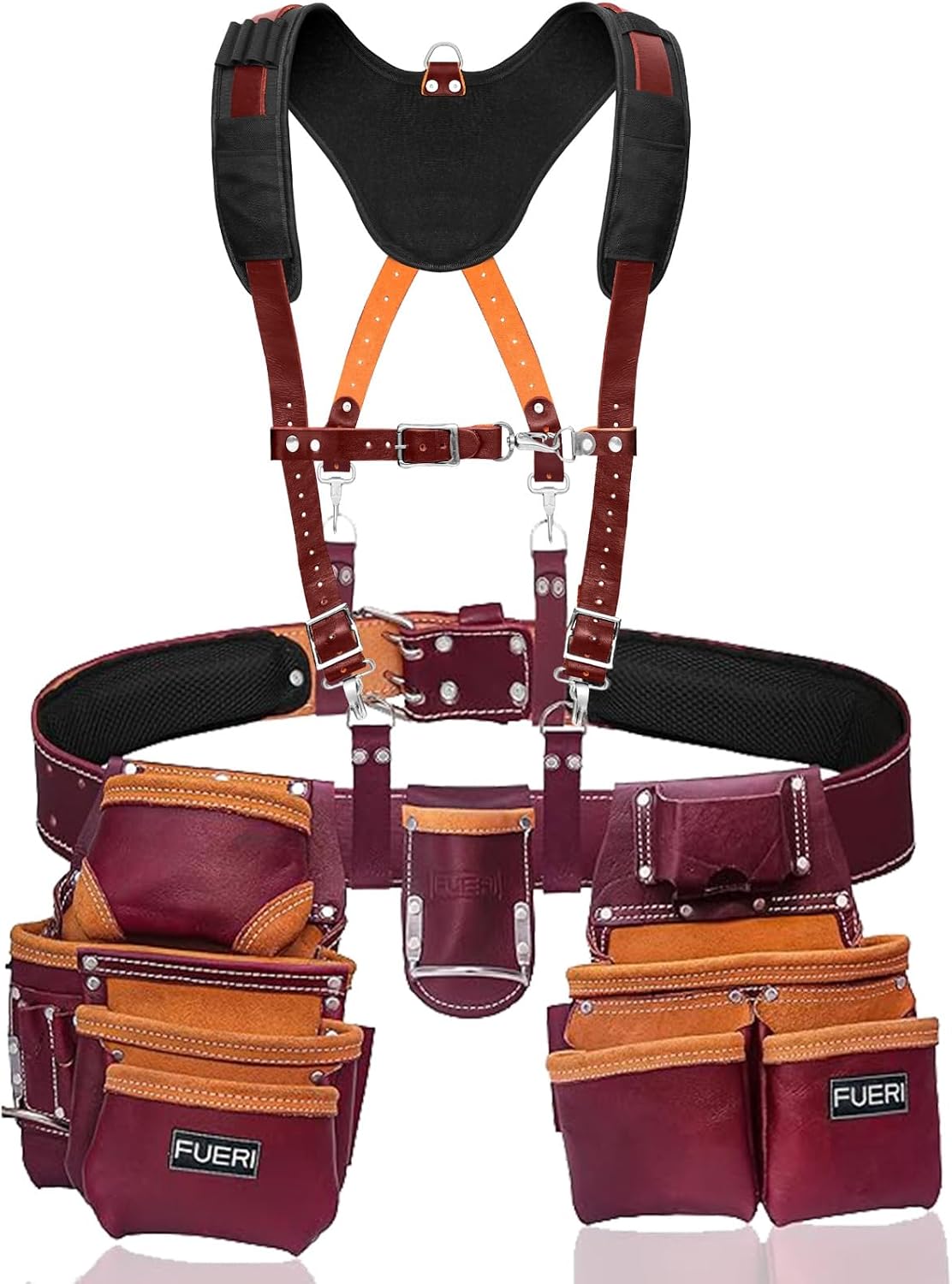 FUERI Leather Tool Belts with Suspender for Men, Heavy-Duty Durable Carpenter Tool Rig Organizer With 19 Pockets-2 Pouches, Padded Suspender, Hammer Holder, D-Loops & Foam-Padded Belt Electricians
