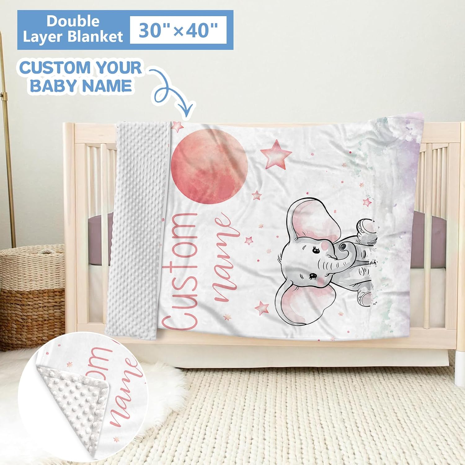 KAINSY Personalized Nursery Bedding Set, 5 Pcs - Custom Baby Girl Elephant Bedding, Toddlers Bedding Set with Name, Double Layer, Customized Gift for Infant Kid