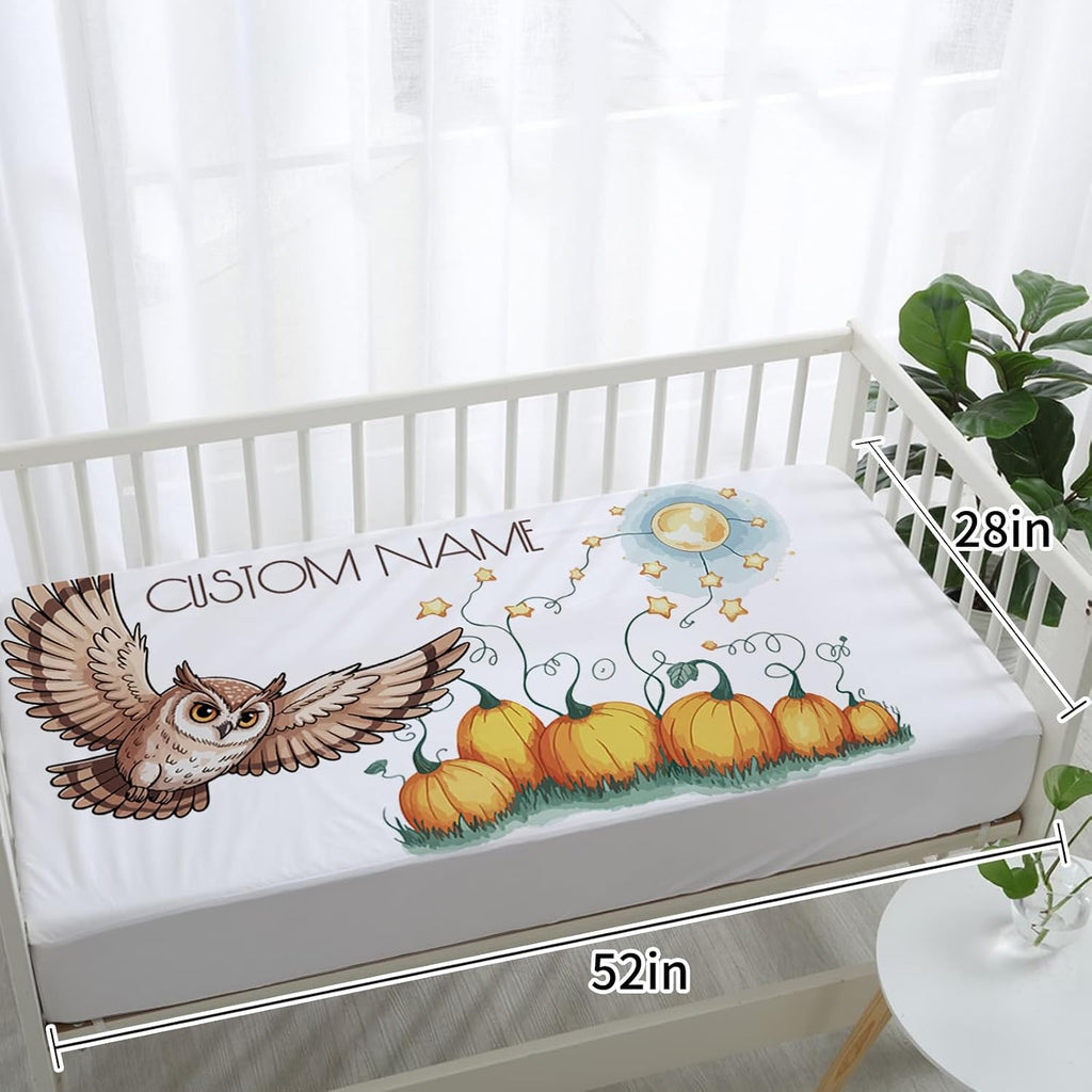 Personalized Crib Bedding Set for Baby Boys Girls, Owl Pattern Custom Name Baby Crib Sets 5-Pcs, Double Layer Baby Blanket Fitted Sheet Changing Pad Cover Rug Wall Art Set