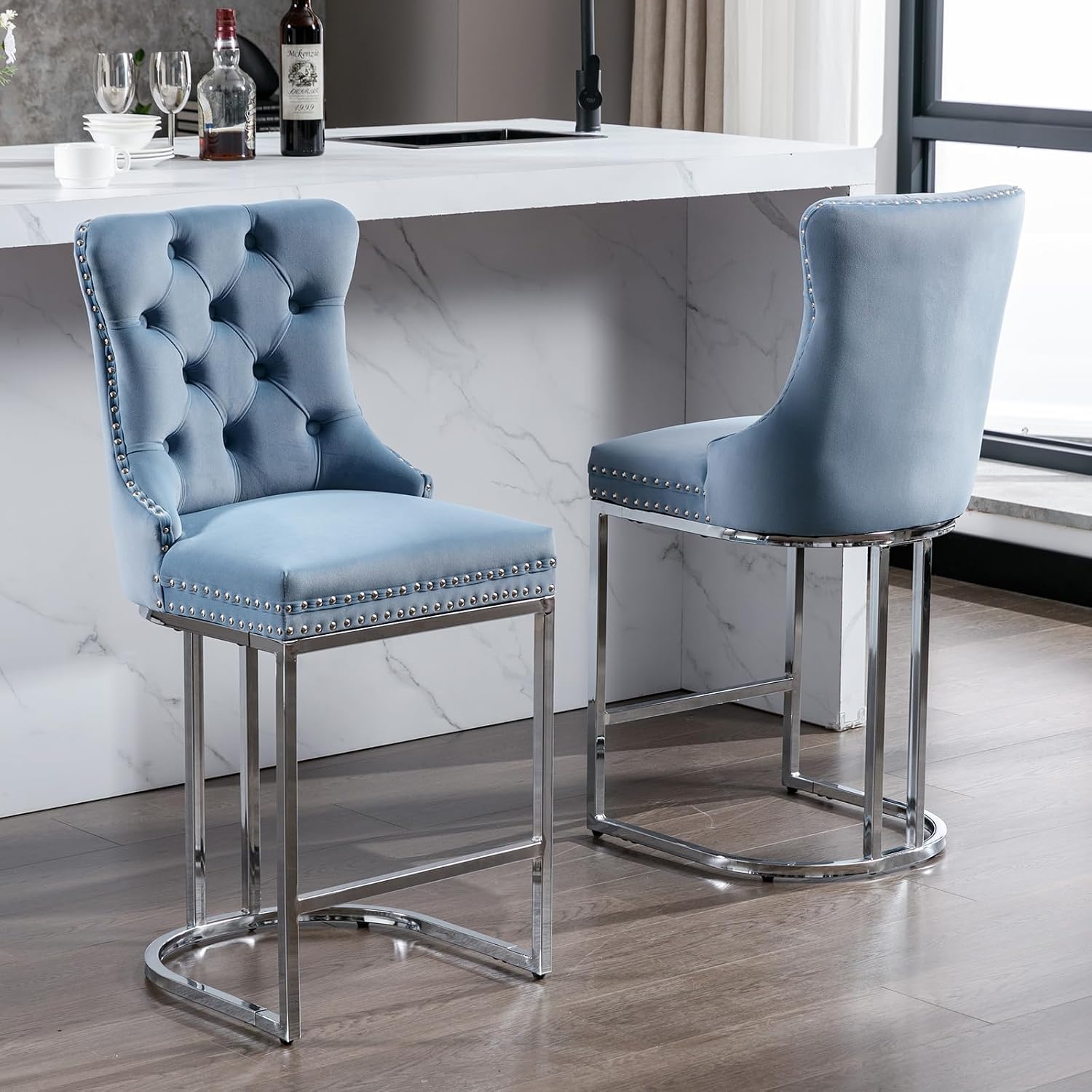 25' Counter Height Bar Stools Set of 6, Velvet Counter Stools for Kitchen Island, Tufted High Chair with Backs, Fabric Upholstered Modern Barstools for Pub Cafe, Chromed Metal Legs (Blue, 6Pcs)